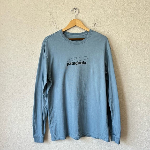 Vintage PATAGONIA Mens L/S Fishing Line Logo Crew Neck T-Shirt Heather Blue Sz L